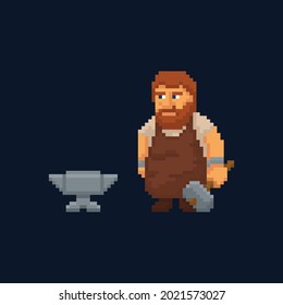 Pixel art character - blacksmith with hammer and anvil