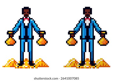 Pixel art character in a blue suit with a red bow tie, holding bags of gold, standing on a pile of gold coins
