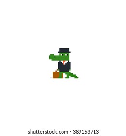 Pixel art character, crocodile in business suit and black hat, with bag, isolated on white background