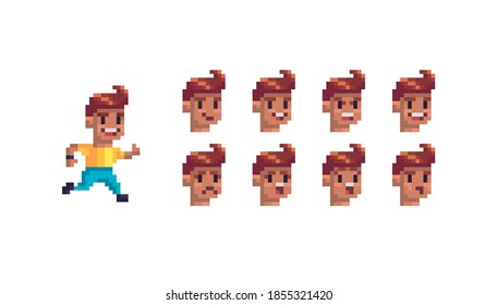 Pixel art character with different emotions. Vector illustration.