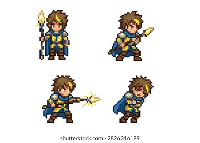Pixel art character of a fantasy mage warrior in blue and yellow armor wielding a magical spear.