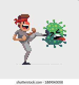 Pixel art character fighting against virus