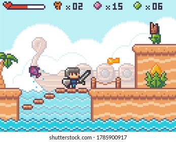 Pixel art, character in game arcade play. Man with sharp sword and shield fighting against monster aliens. Pixelated Game scene with wooden platforms on the river, steps from boards, old wooden ship