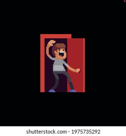 Pixel Art Character Greeting Everyone While Walking Through The Door