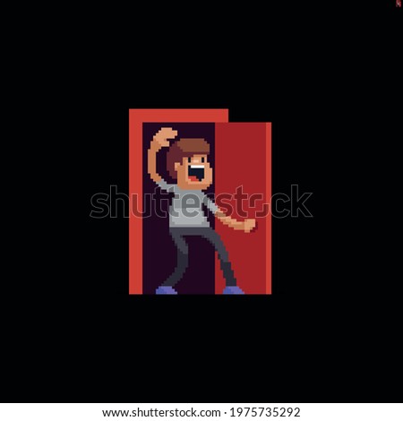 Pixel art character greeting everyone while walking through the door
