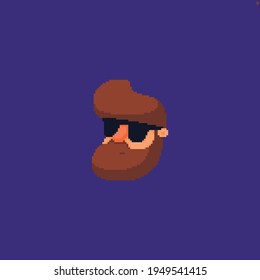 Pixel Art Character Head Of Bad Boy With Huge Beard And Black Sunglasses