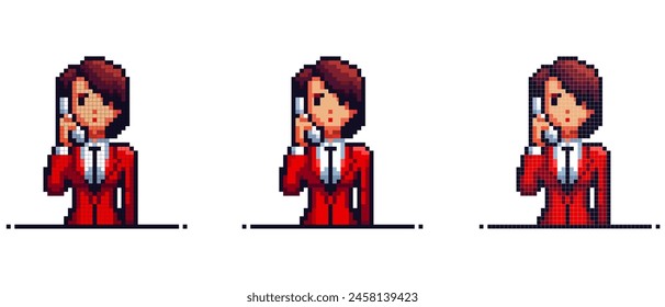 Pixel Art Character Holding Phone Wearing Red Suit with Tie, Office Worker.
