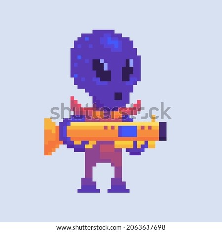 Pixel art character. A hostile alien with a weapon. Vector illustration.