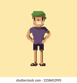 pixel art character a man green hair use purple t shirt and black pant good for your game and project.