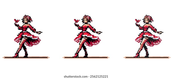 Pixel art character in a red dress with a butterfly in hand, displaying grace and elegance in a dynamic pose