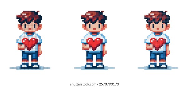 Pixel art of a character with short brown hair, wearing a white t-shirt, blue shorts and white sneakers, holding a red heart.