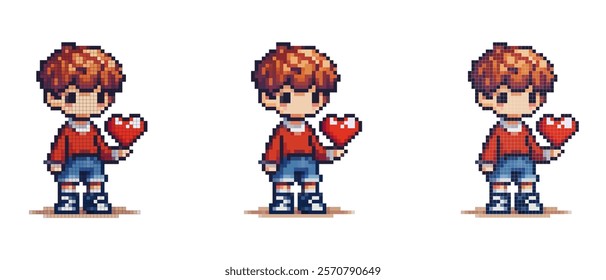 Pixel art of a character with short brown hair, wearing a red sweater, blue shorts, and white sneakers, holding a red heart on a white background.