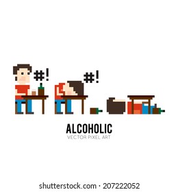 Pixel art character sitting at the table, drinking and swears, sleeping on the table and sleeping under the table