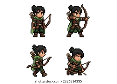 Pixel art character of a skilled green forest archer holding a wooden bow in action and walking poses.
