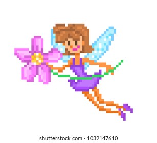 Pixel art character, small flying fairy with wings in violet dress with a pink flower isolated on white background. Magic creature logo. Friendly numph icon. Retro 80s,90s 8 bit video game graphics.