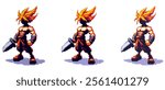 Pixel art character with spiky flame-like hair, holding a large sword, muscular build, boots, bright colors, dynamic pose