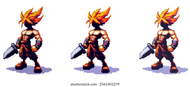 Pixel art character with spiky flame-like hair, holding a large sword, muscular build, boots, bright colors, dynamic pose