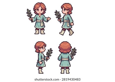 pixel art character spritesheet of herbalist or healer girl holding medicinal plant branches in various walking and standing angles
