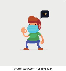 Pixel art character in surgical mask with OK hand gesture