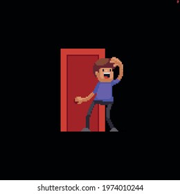 Pixel Art Character Waving Goodbye While Opening The Door