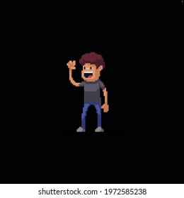 Pixel art character waving with his hand greeting
