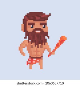 Pixel art character. Young primitive man with a club. Vector illustration.