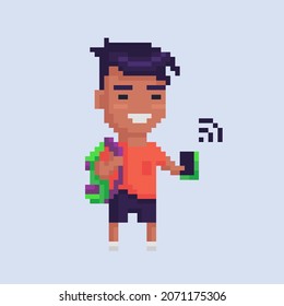 Pixel art character.Asian teen with a gadget. Vector illustration.