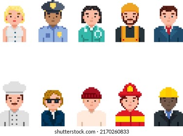 Pixel art characters avatar set. Professions pixel art people isolated design. Policeman, Doctor, Businessman, Chef, Firefighter, Builder and other. 8 bit art.