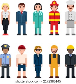 Pixel art characters avatar set. Professions pixel art people isolated design. Policeman, Doctor, Businessman, Chef, Firefighter, Builder and other. 8 bit art.