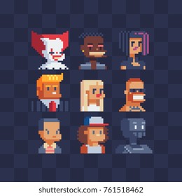 Pixel art characters avatars set. Flat style. Clown, politician, girl, cool guy, blonde and robot. Portraits profile. Stickers design. Isolated vector illustrator. 8-bit.