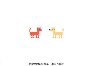 Pixel art characters, cat and dog isolated on white background