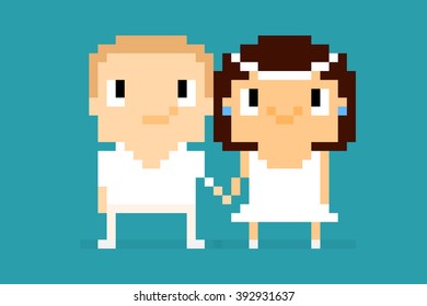 Pixel art characters, caucasian wedding couple holding hands and smiling on blue background