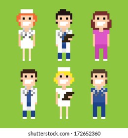 Pixel art characters of doctors and nurses