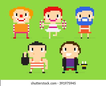 Pixel art characters, group of circus people: clown, juggler, bearded woman, strong man, magician with rabbit in cylinder