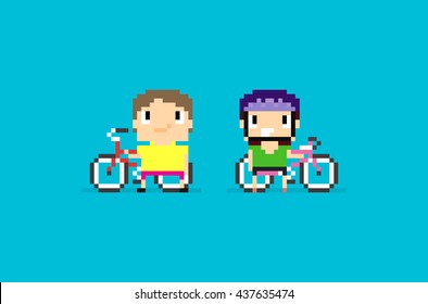 Pixel art characters with mountain bikes, two 8-bit bicyclists isolated on blue background
