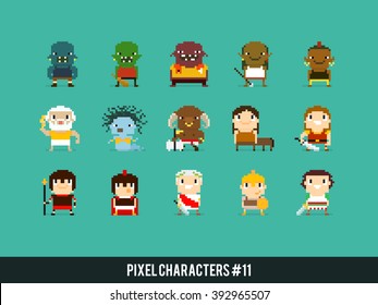 Pixel art characters, orcs, greek mythology characters and roman warriors