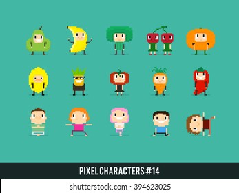 Pixel Art Characters, People In Fruits And Veggies Costumes And People Doing Yoga
