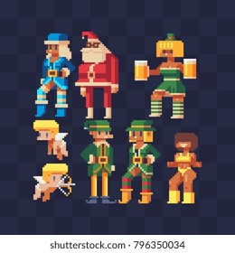 Pixel art characters set. 80's style. Greeting card or invitation design element. Happy New Year. Valentine's Day. Sticker design. St. Patrick's Day. Isolated vector illustration.