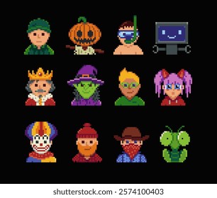 Pixel art characters set of the 8-bit avatar, funny faces in 80-s, NFT. Cartoon vector icon, game user, web profile persons, people, social net portraits