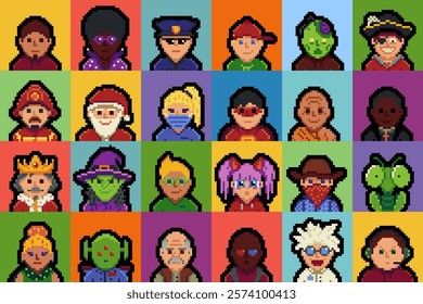 Pixel art characters set of the 8-bit avatar, funny faces in 80-s, NFT. Cartoon vector icon, game user, web profile persons, people, social net portraits