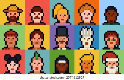 Pixel art characters set of the 8-bit avatar, funny faces in 80-s, NFT. Cartoon vector icon, game user, web profile persons, people, social net portraits