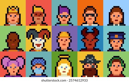 Pixel art characters set of the 8-bit avatar, funny faces in 80-s, NFT. Cartoon vector icon, game user, web profile persons, people, social net portraits