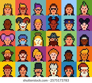 Pixel art characters set of the 8-bit avatar, funny faces in 80-s, NFT. Cartoon vector icon, game user, web profile persons, people, social net portraits