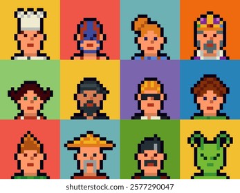 Pixel art characters set of the 8-bit avatar, funny faces in 80-s, NFT. Cartoon vector icon, game user, web profile persons, people, social net portraits