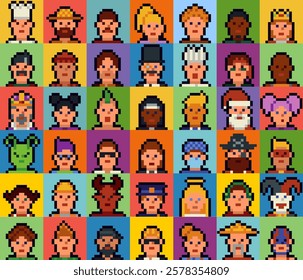 Pixel art characters set of the 8-bit avatar, funny faces in 80-s, NFT. Cartoon vector icon, game user, web profile persons, people, social net portraits