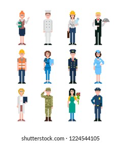 Pixel art characters set, professions pixel people