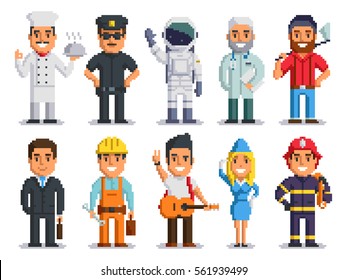 Pixel art characters set, professions pixel art people isolated design. Chef, Policeman, Cosmonaut, Doctor, Woodcutter, Businessman, Builder, Musician, Stewardess, Firefighter. vector pixel 8 bit art.