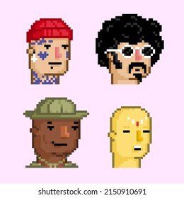 Pixel art characters tattoo punk, retro guy, scout, monk. NFT avatars concept vector illustration.