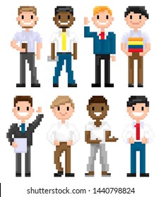 Pixel art characters vector, man wearing suit and tie, hipster male with cup of coffee in plastic mug, friends set, isolated people officer and citizen. Pixelated mans for business or education game