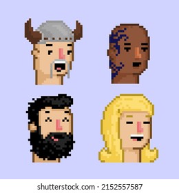 Pixel art characters viking, black tattoo man, hipster, blonde girl NFT avatars concept vector illustration.